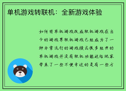 单机游戏转联机：全新游戏体验