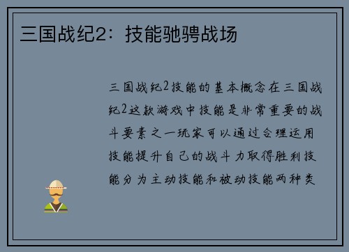 三国战纪2：技能驰骋战场